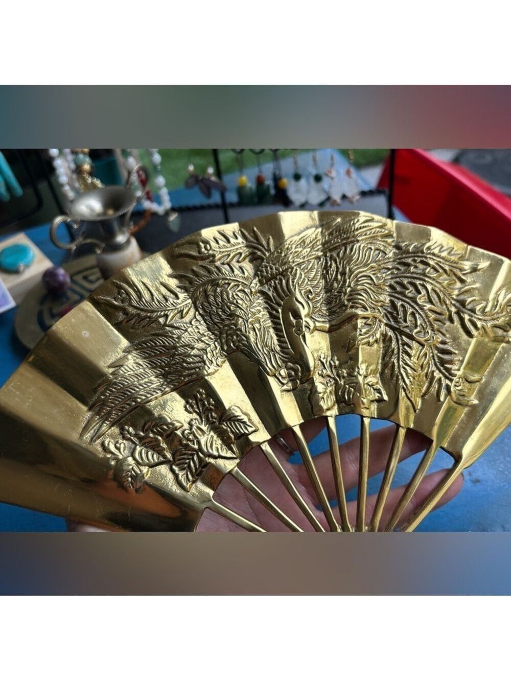 VINTAGE Taiwan ROC Gold Tone Phoenix Fan • Ornate Relief Art • Prosperity Decor - Picture 8 of 16
